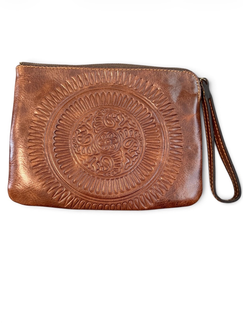 Patricia Nash Brown Embossed Leather Wristlet Clutch NWOT Zip Pouch